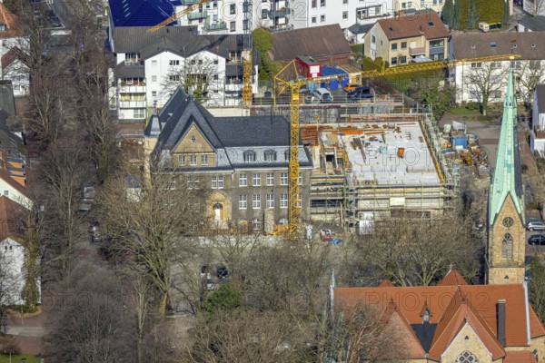 Aerial view, holzwickede construction site municipal administration, near protestant church Am