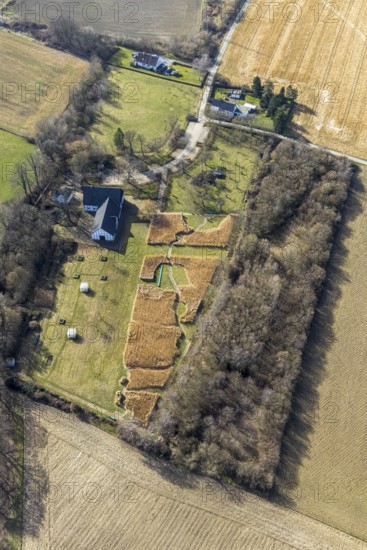 Aerial view, Emscherquellhof (formerly Lünschermannshof) is a half-timbered farmstead in the
