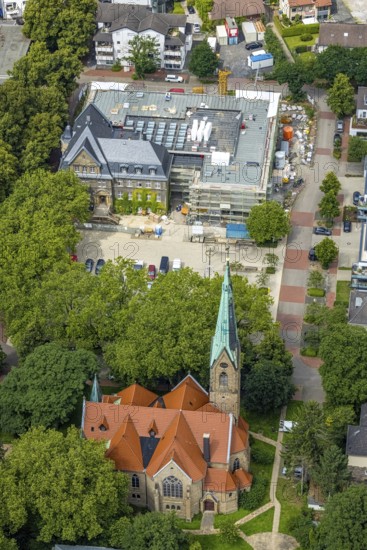 Aerial view, town hall Holzwickede, construction site and extension of the city administration,