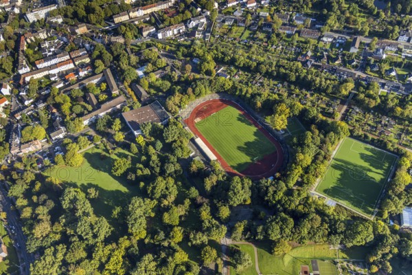 Aerial view, stadium in the sports park with the Mondpalast Arena and Freiherr-vom-Stein primary