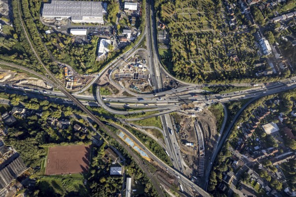 Aerial view, construction site with tunnel construction at the motorway junction Herne of the A42