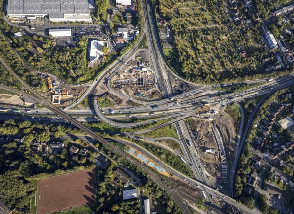 Aerial view, construction site with tunnel construction at the motorway junction Herne of the A42