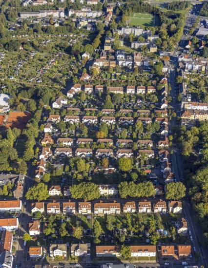 Aerial view, terraced house workers' housing estate Pluto Colliery Hüttenstrasse with trees between