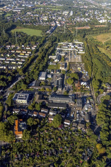 Aerial view, Wilhelmstraße industrial estate with winding tower of the former Pluto colliery and