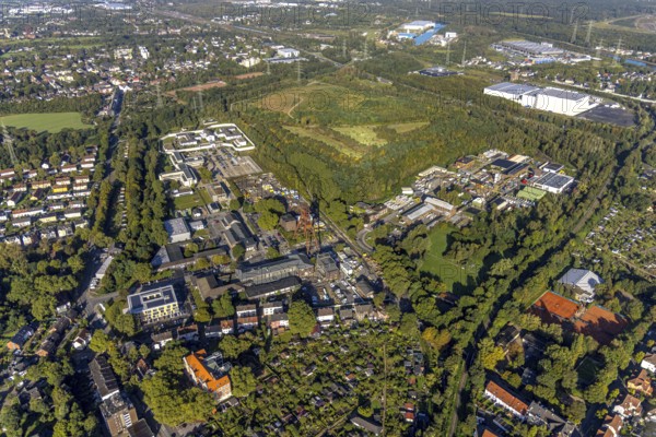 Aerial view, industrial area Wilhelmstraße with winding tower of the former Pluto colliery as well