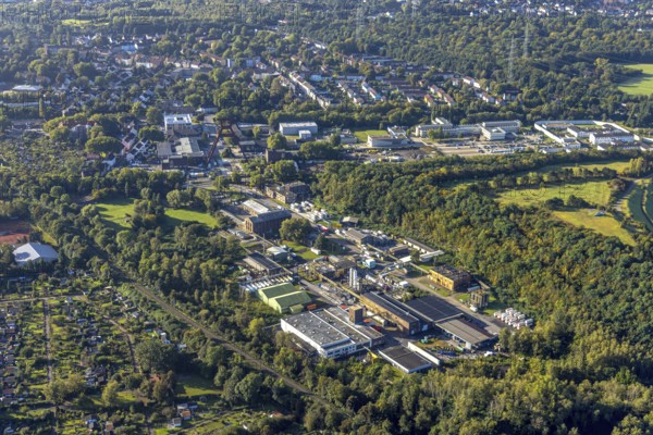 Aerial view, industrial area Wilhelmstraße with winding tower of the former Pluto colliery and