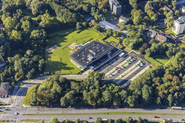 Aerial view, Wananas sports and leisure pool in the district Baukau-West in Herne, Ruhr area, North