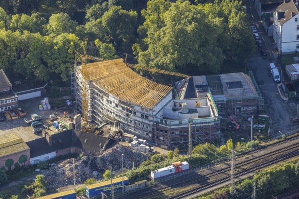 Aerial view, former Heitkamp-Villa construction site and new building for flats at Heitkampsfeld in