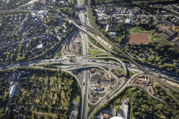 Aerial view, construction site with tunnel construction at the motorway junction Herne of the A42