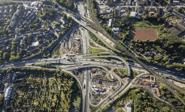 Aerial view, construction site with tunnel construction at the motorway junction Herne of the A42
