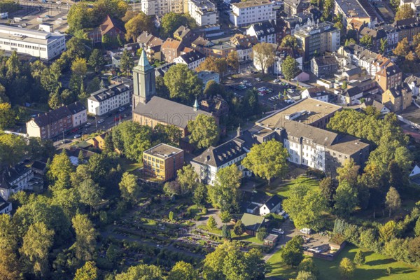 Aerial view, St. Marien Church and St. Marien Hospital Eickel in the district of Eickel in Herne,