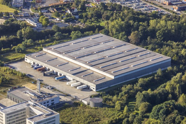 Aerial view, commercial area Koniner Straße with logistics hall in the district Holsterhausen in