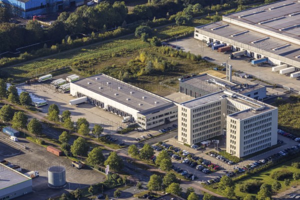 Aerial view, commercial area Koniner Straße with denree wholesaler and job centre Herne in the