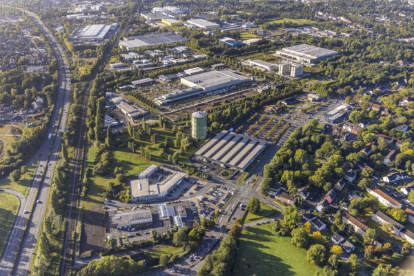 Aerial view, Gasometer Herne and commercial area Koniner Straße in the district Holsterhausen in