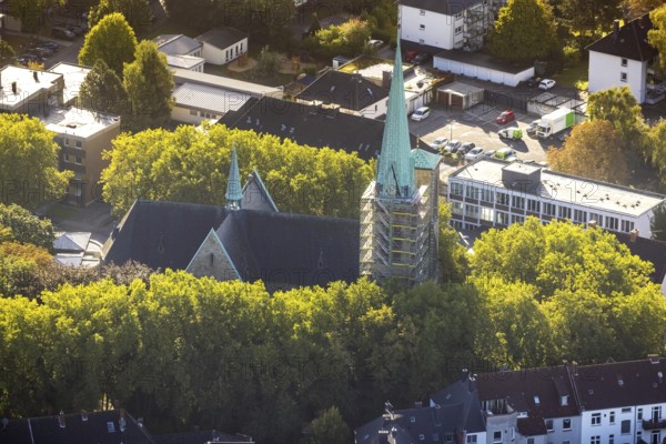 Aerial view, renovation of the church tower of the Catholic Herz-Jesu-Kirche in the Herne-Mitte