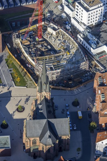 Aerial view, construction site and new building Europaplatz and Europagarten with Kreuzkirche in