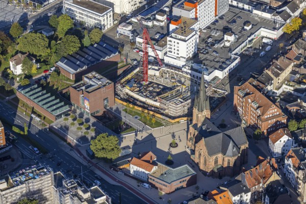 Aerial view, construction site and new building Europaplatz and Europagarten with Kreuzkirche in