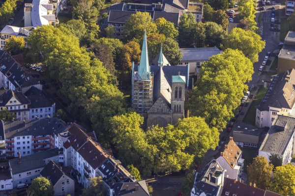 Aerial view, renovation of the church tower of the Catholic Herz-Jesu-Kirche in the Herne-Mitte