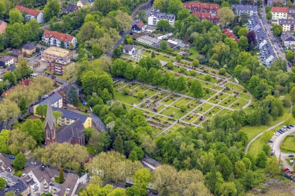 Aerial view, Lutheran church, cemetery Auf der Wilbe, Röhlinghausen, Herne, Ruhr area, North