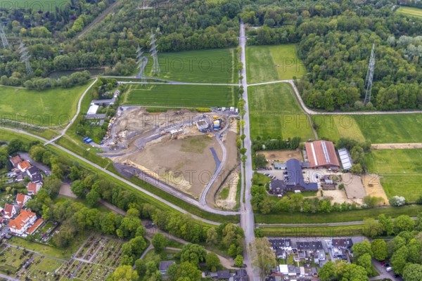 Aerial view, construction area Hofstraße am Hüller Bach, Röhlinghausen, Herne, Ruhr area, North