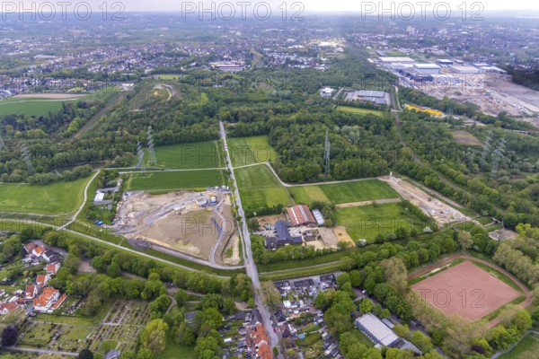 Aerial view, construction area Hofstraße am Hüller Bach, Röhlinghausen, Herne, Ruhr area, North