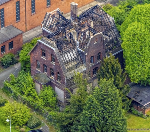 Aerial view, St. Marien Eickel Church at St. Marien Hospital, building fire at the outbuilding,