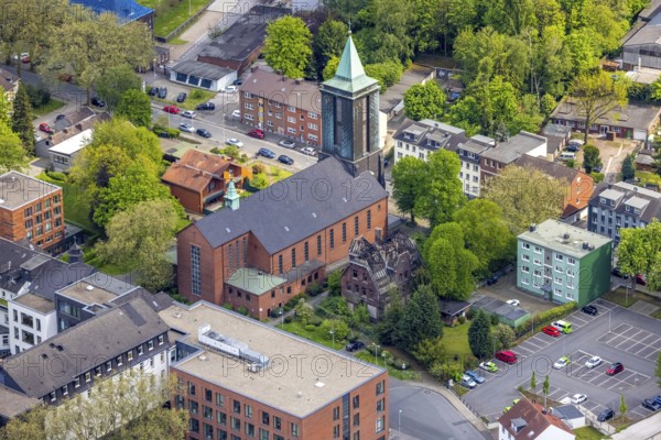 Aerial view, St. Marien Eickel Church at St. Marien Hospital, building fire at the outbuilding,