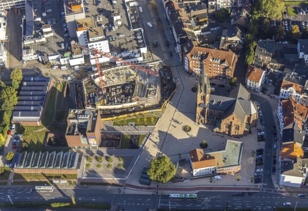 Aerial view, construction site and new building Europaplatz and Europagarten with Kreuzkirche in