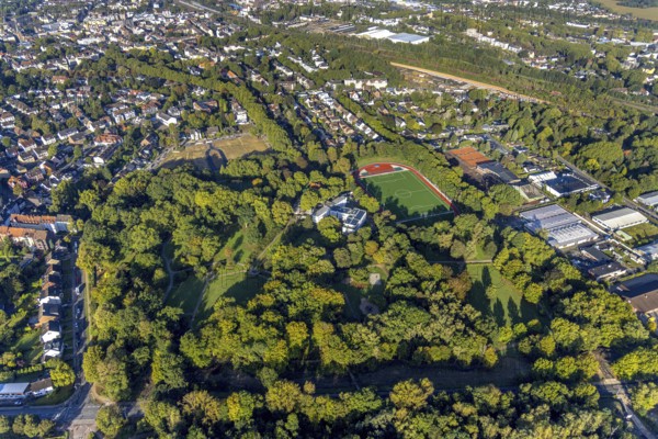 Aerial view, Parkhotel Herne in Herne city garden and sports field of FC Herne 1957 in the district