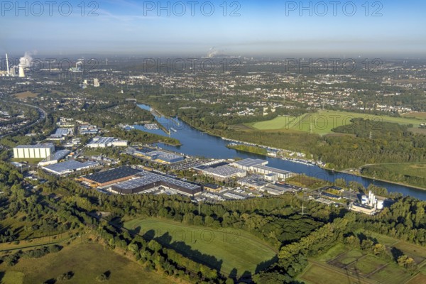 Aerial view, Friedrich der Große industrial estate on the Herne Sea and marina on the Rhine-Herne