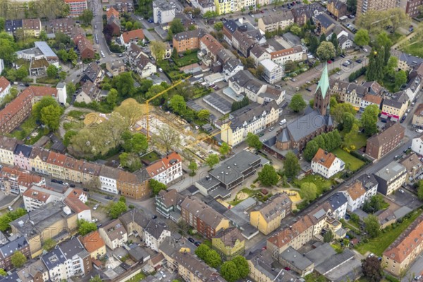 Aerial view, construction site Karlstraße for nursing home and kindergarten, St. Laurentius Church,