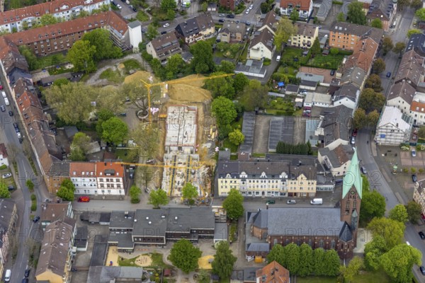 Aerial view, construction site Karlstraße for nursing home and kindergarten, St. Laurentius Church,
