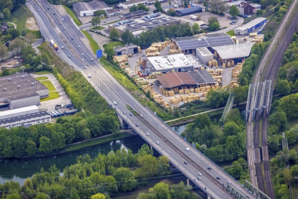Aerial view, Emscher valley bridge, A43 motorway bridge in stress test, dilapidated transport