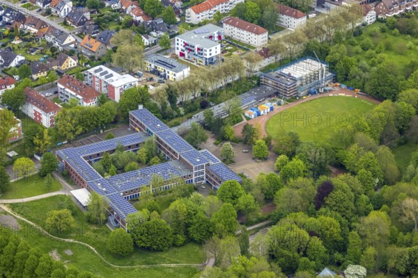 Aerial view, Otto-cock-Gymnasium with construction site indoor swimming pool, Sodingen, Herne, Ruhr