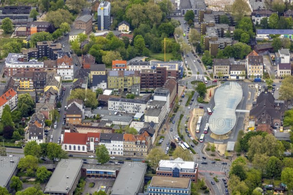 Aerial view, futuristic bus station at Herne railway station, Bahnhofstraße, Baukau, Herne, Ruhr
