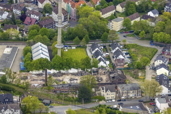 Aerial view, garage yard Mulvanystraße, transmission mast, construction site demolition site,