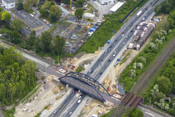 Aerial view, construction site for new railway bridge over the A43 motorway, 2nd bridge on the