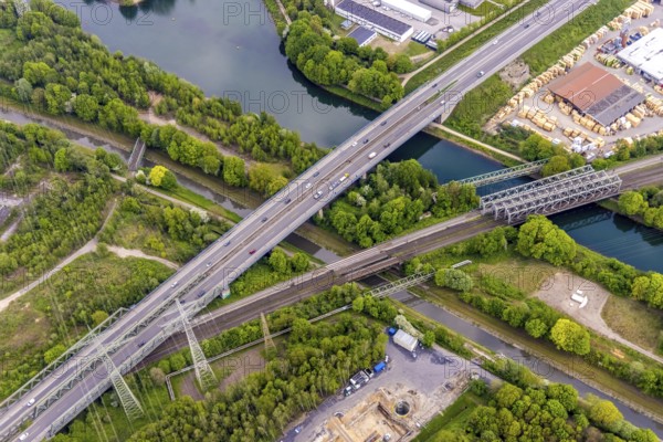 Aerial view, Emscher valley bridge, A43 motorway bridge in stress test, dilapidated transport