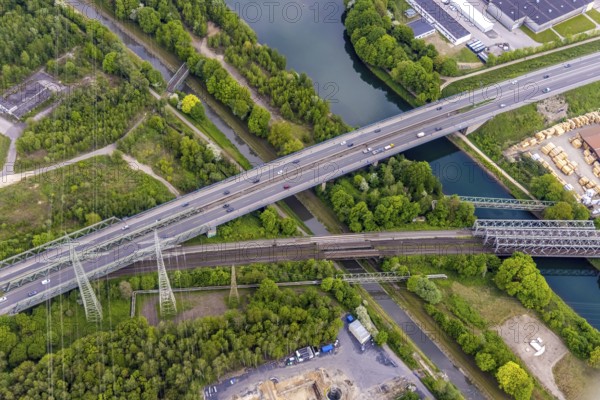 Aerial view, Emscher valley bridge, A43 motorway bridge in stress test, dilapidated transport