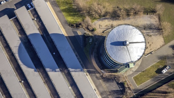 Aerial view, gasometer Herne, industrial area at the Lindenallee, Holsterhausen, Herne, Ruhr area,