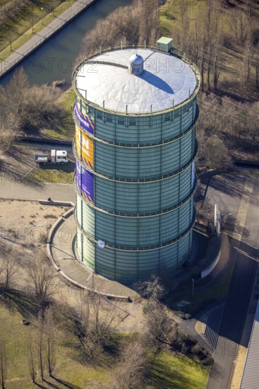 Aerial view, gasometer Herne, industrial area at the Lindenallee, Holsterhausen, Herne, Ruhr area,