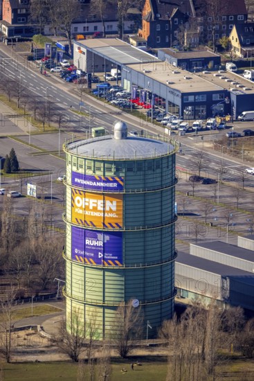 Aerial view, gasometer Herne, industrial area at the Lindenallee, Holsterhausen, Herne, Ruhr area,