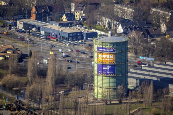 Aerial view, gasometer Herne, industrial area at the Lindenallee, Holsterhausen, Herne, Ruhr area,