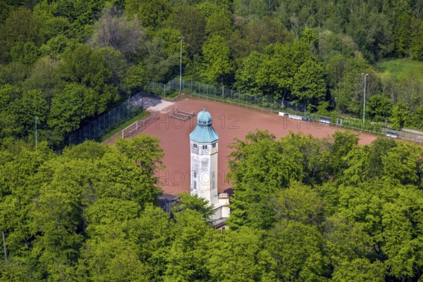 Aerial view, water tower in Volkspark Sodingen with sports field Am Volkspark, Börnig, Herne, Ruhr