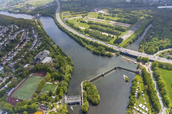 Aerial photograph, Stiftsmühle dam and power station, city boundary between Herdecke and Hagen,