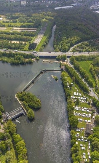 Aerial photograph, Stiftsmühle dam and power station, city boundary between Herdecke and Hagen,