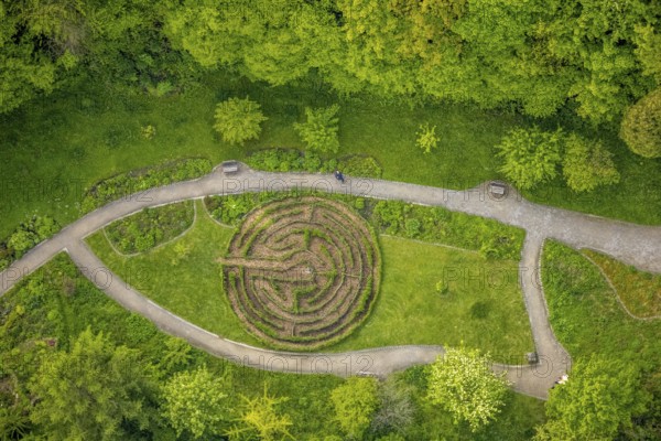 Aerial view, herb garden and labyrinth at the community hospital Herdecke, Westende, Herdecke, Ruhr