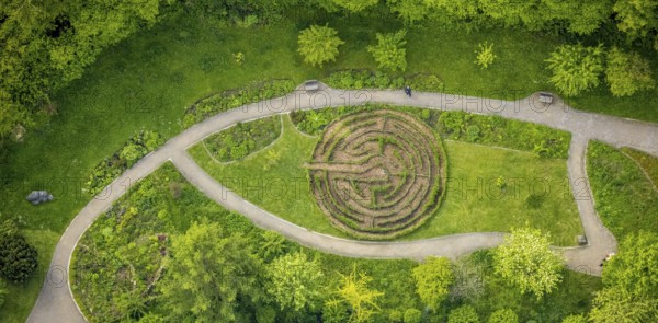 Aerial view, herb garden and labyrinth at the community hospital Herdecke, Westende, Herdecke, Ruhr