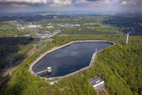 Aerial view, RWE pumped-storage power station at Lake Hengstey, Köpchenwerk, reservoir,