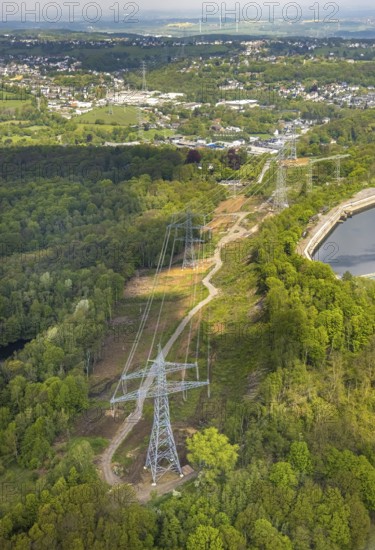 Aerial view, high-voltage power line, power line, Wittbräucke, Herdecke, Ruhr area, North